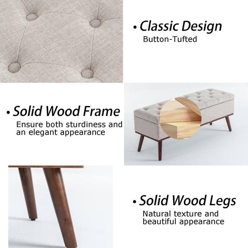 Linen Storage Ottoman Bench with Wood Legs, Upholstered Entryway Bench Tufted Mid Century Modern Ottoman Bedroom End of Bed