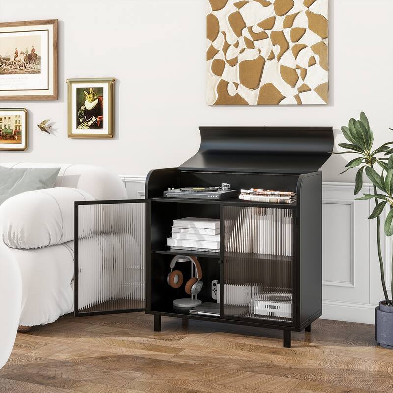 Anmytek Flip Top Modern Sideboard Buffet Storage Cabinet Tempered Figured Glass Doors Metal Frame Console Table