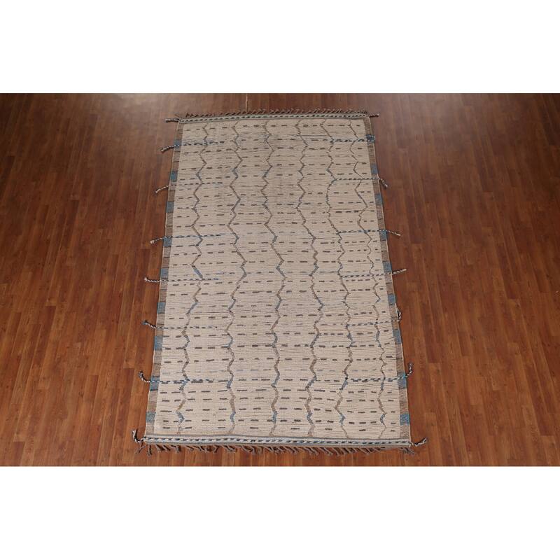 Ivory Striped Moroccan Oriental Area Rug Hand-Knotted Wool Carpet - 6'0"x 9'10"