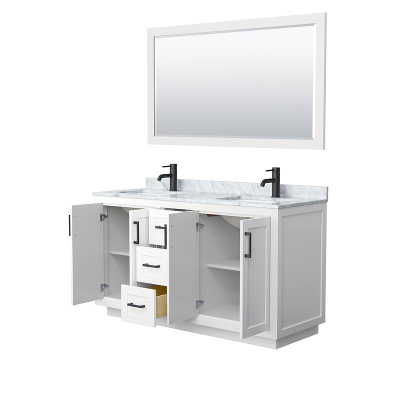 Miranda Bathroom Vanity Set, White Carrara Marble Top, 58-Inch Mirror