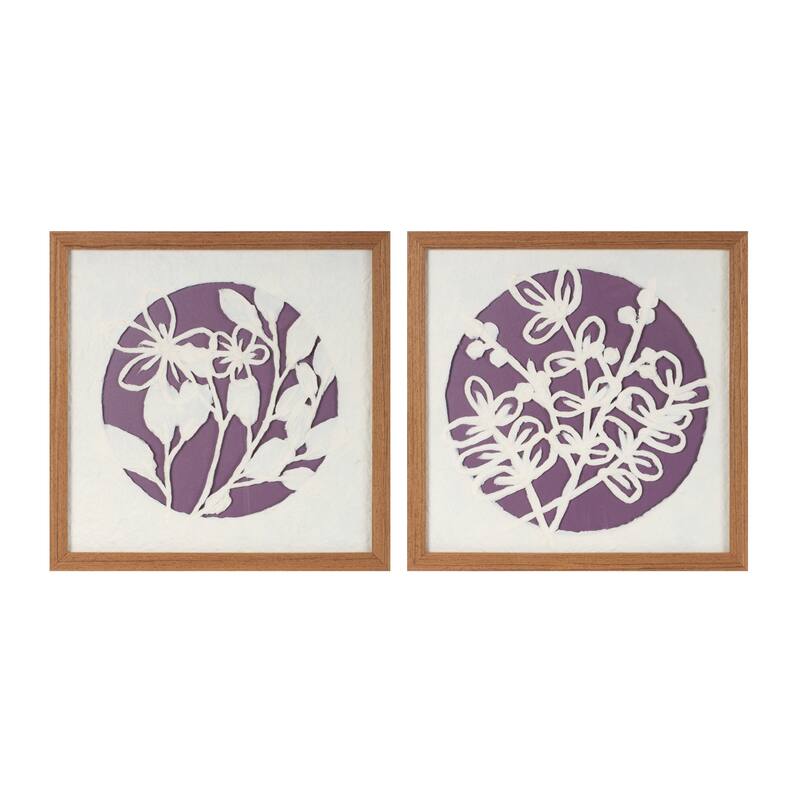 HomeRoots Set Of Two Purple And White Floral Brown Framed Wall Art
