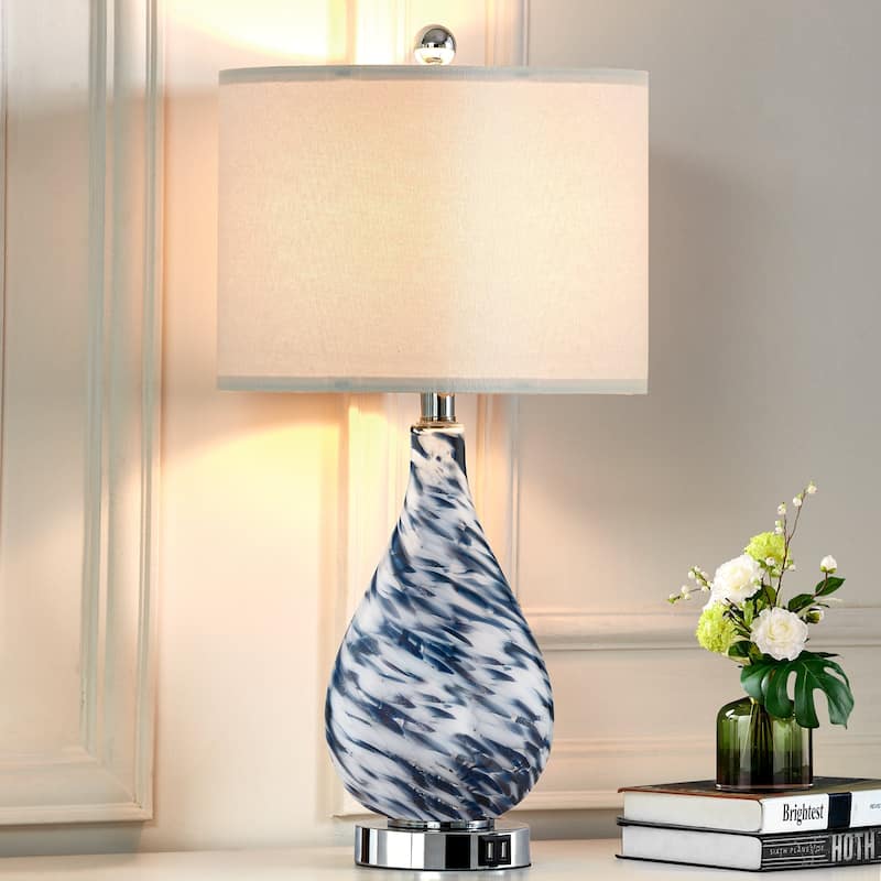 Cinkeda Table Lamp Blue Glass Touch Dimming USB Ports - 12'' x 12'' x 24'' (L x W x H)