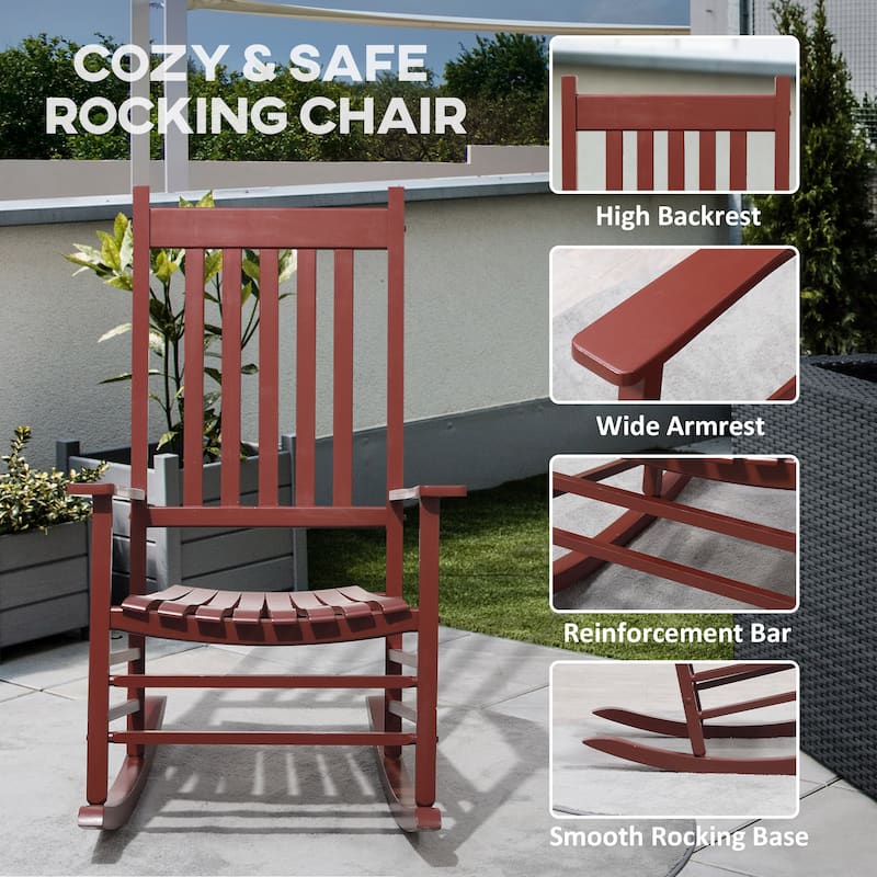 Outsunny Outdoor Rocking Chair, Patio Wooden Rocking Chair with Smooth Armrests, High Back for Garden, Balcony, Porch