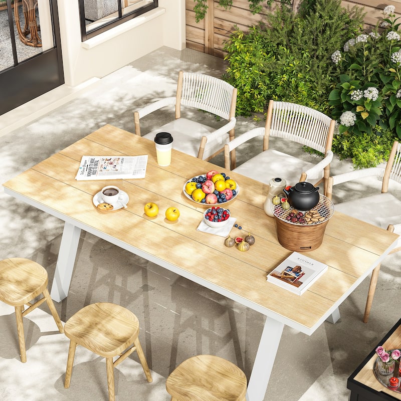 Outdoor Dining Table with Wood Grain Top and Gray Legs Weather-Resistant Patio Table