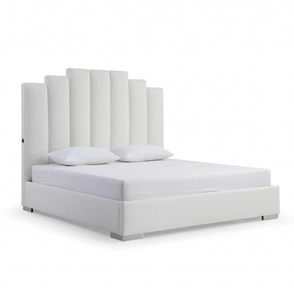 HomeRoots Queen White Vertical Channel Faux Leather Bed with USB