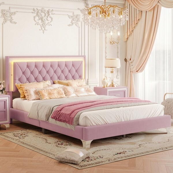 Queen Size Upholstered Bed Frame with LED Lights, Modern