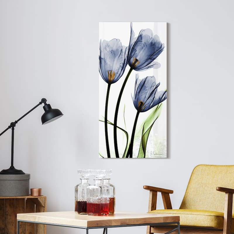 "Three Blue Tulips" Frameless Free Floating Tempered Glass Panel Graphic Wall Art