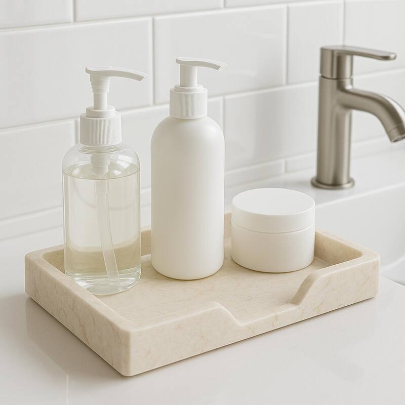 Creative Home Champagne Marble Scalloped Vanity Tray, Bath Towel Organizer Tray, Bathroom Accessory Organizer - Beige