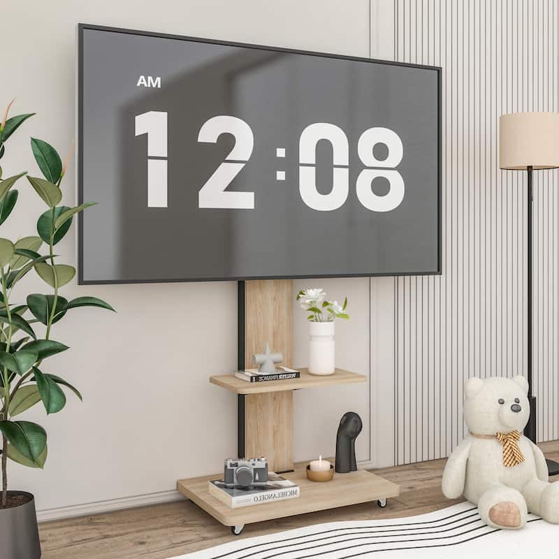 TV Stand Mobile TV Cart with Shelf - Natural