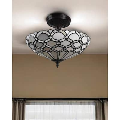 HomeRoots Black and Gray Two Light Tiffany Style Semi Flush Dimmable Ceiling LIght - 17' X '12.5' X '17