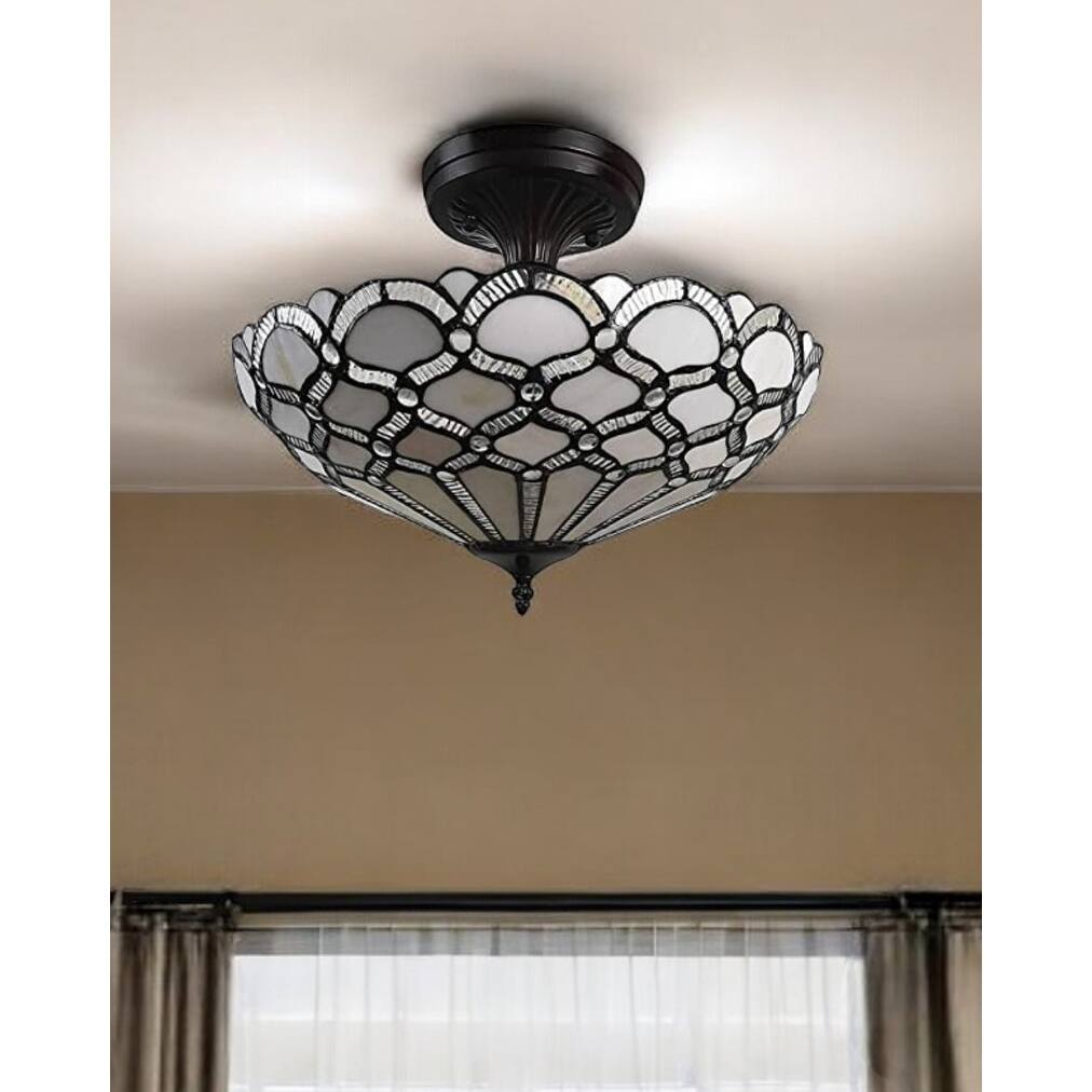HomeRoots Black and Gray Two Light Tiffany Style Semi Flush Dimmable Ceiling LIght - 17' X '12.5' X '17