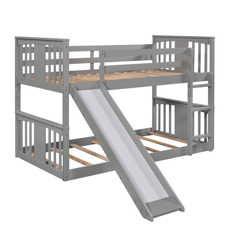 Twin over Twin Size Solid Wood Bunk Bed with Ladder, Slide and Fence for Kids, Bedroom