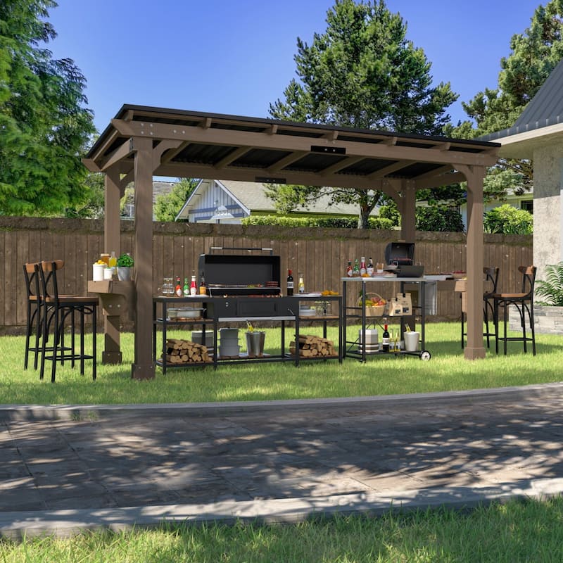VEIKOUS Wood BBQ Grill Gazebo with Steel Roof for Patio Garden Backyard and Lawn