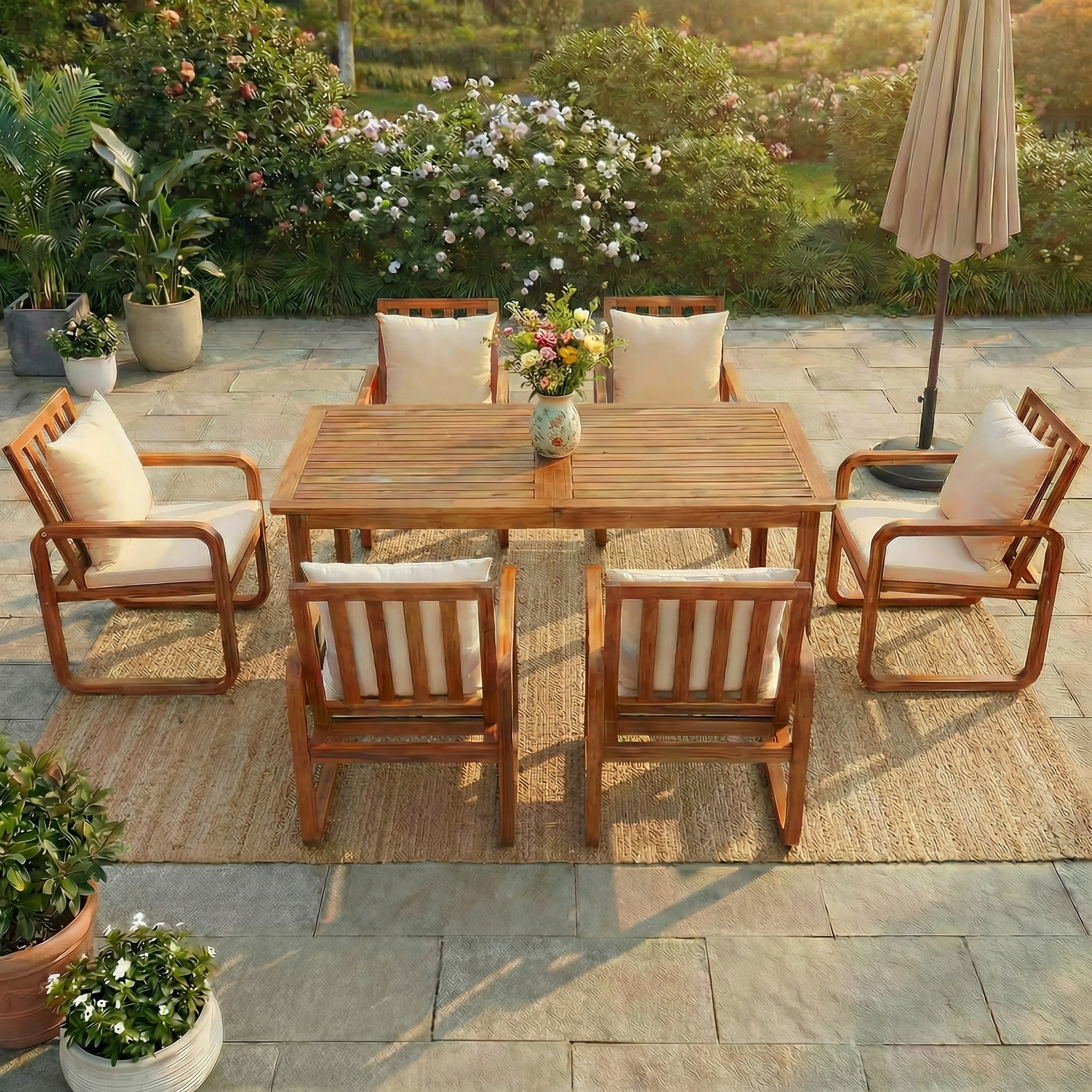 Rustic Wood Dining Table & 6 Upholstered Seat Armchairs, Conversation Set Outdoor Dining Set for Poolside