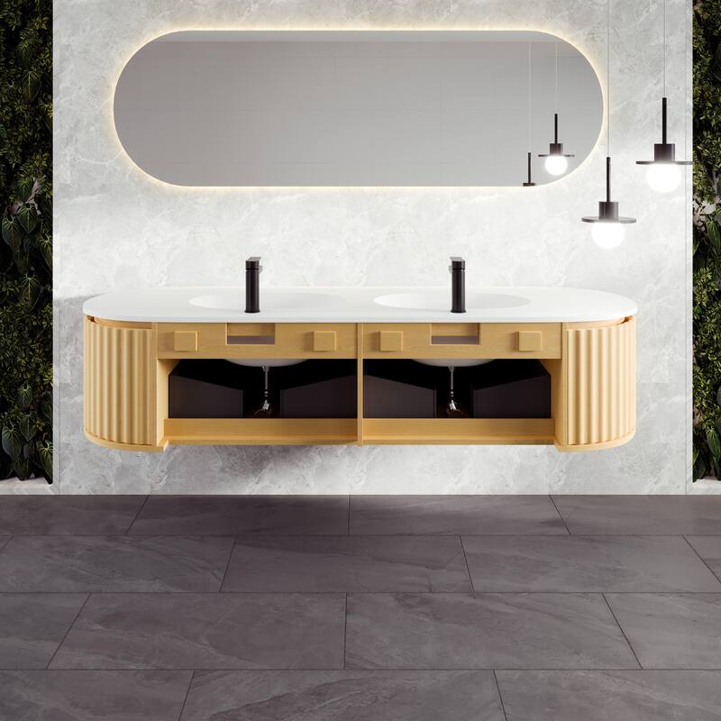 Haven 71"W Oak DS Wallmount Bath Vanity with Integrated Sinks