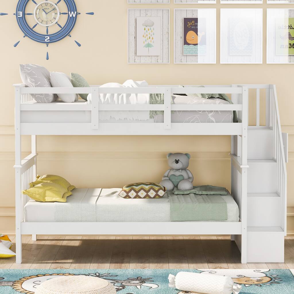 Twin-Over-Twin Stairway Bunk Bed, Can Be Divided into Two Individual Bedframe, Solid Wood Bedfram w/Storage Stairs & Guard Rail