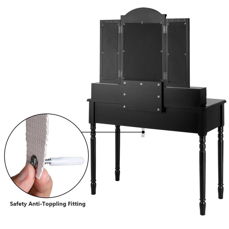 Gymax 7 Drawers Vanity Set Dressing Table w/ Tri-Folding Mirror Black