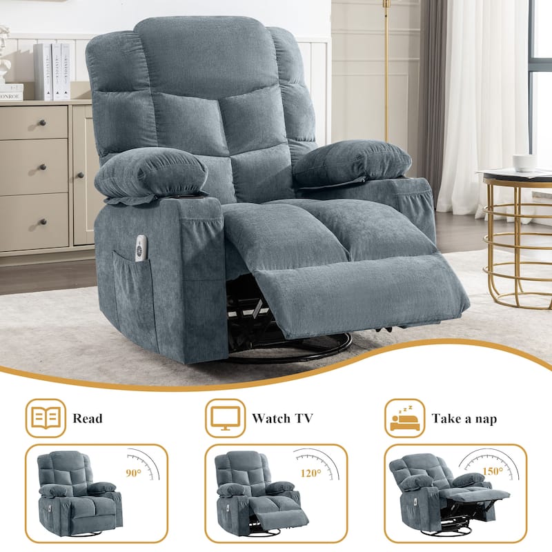 Oversized Massage Swivel Recliner Chair with Lumbar Heating for Living Room Rocker Recliner with Cup Holders and USB Charge Port