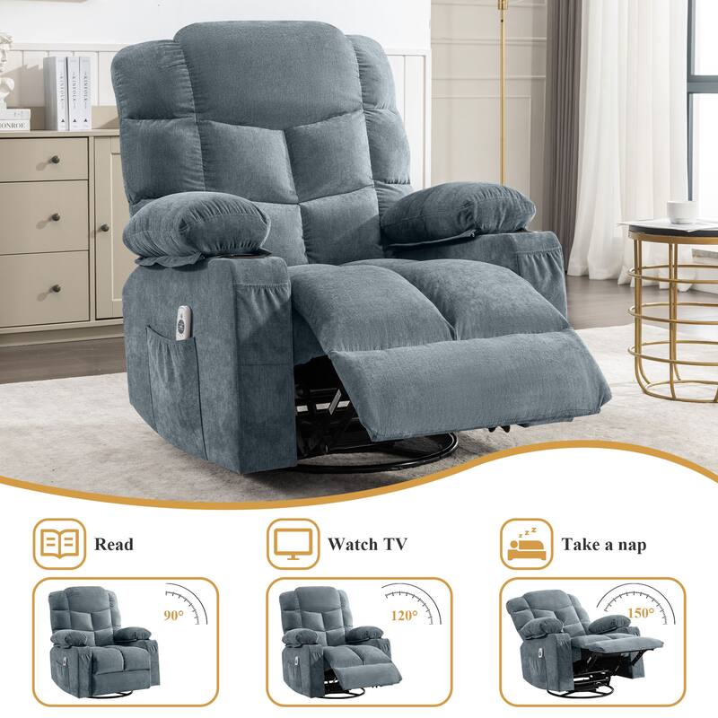 Oversized Massage Swivel Recliner with Heat USB Cup Holders for Adults