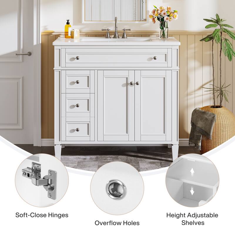 White Modern Wooden Bathroom Vanity with Basin, Floor Storage Cupboard