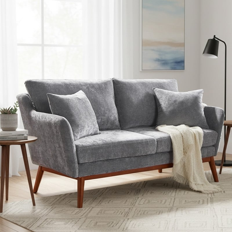 Linen Blend Mid-Century Modern Small Spaces Loveseat Two-Seater Sofa With Solid Wood Base