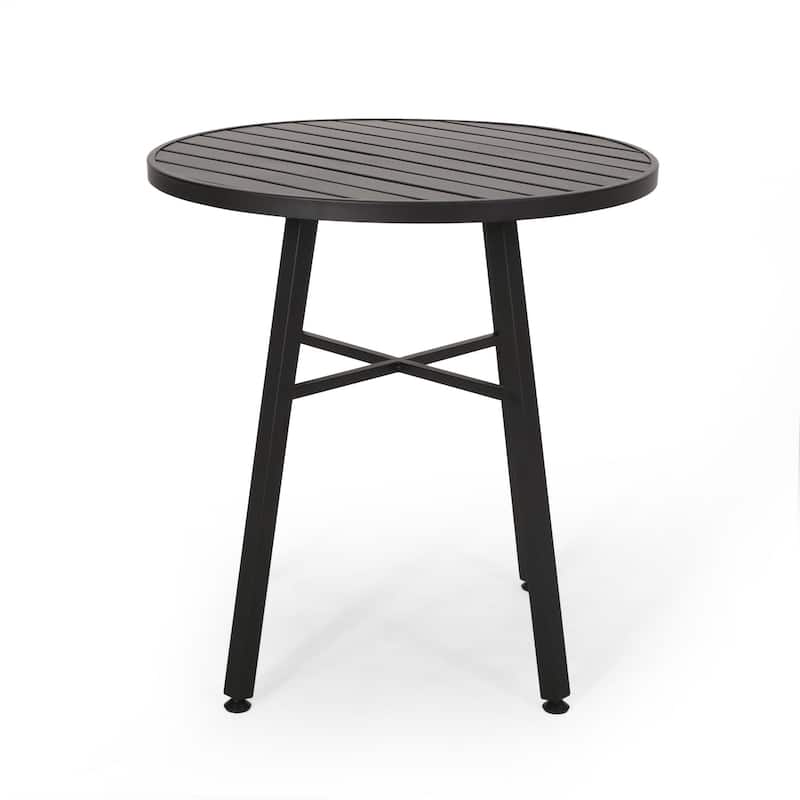 Outdoor Bistro Table Set with 2 Chairs, Slatted, Black Iron, Beige