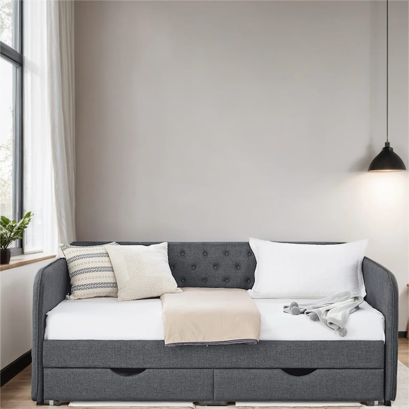 Twin Size Linen Upholstery Daybed with Trundle and 2 Drawers