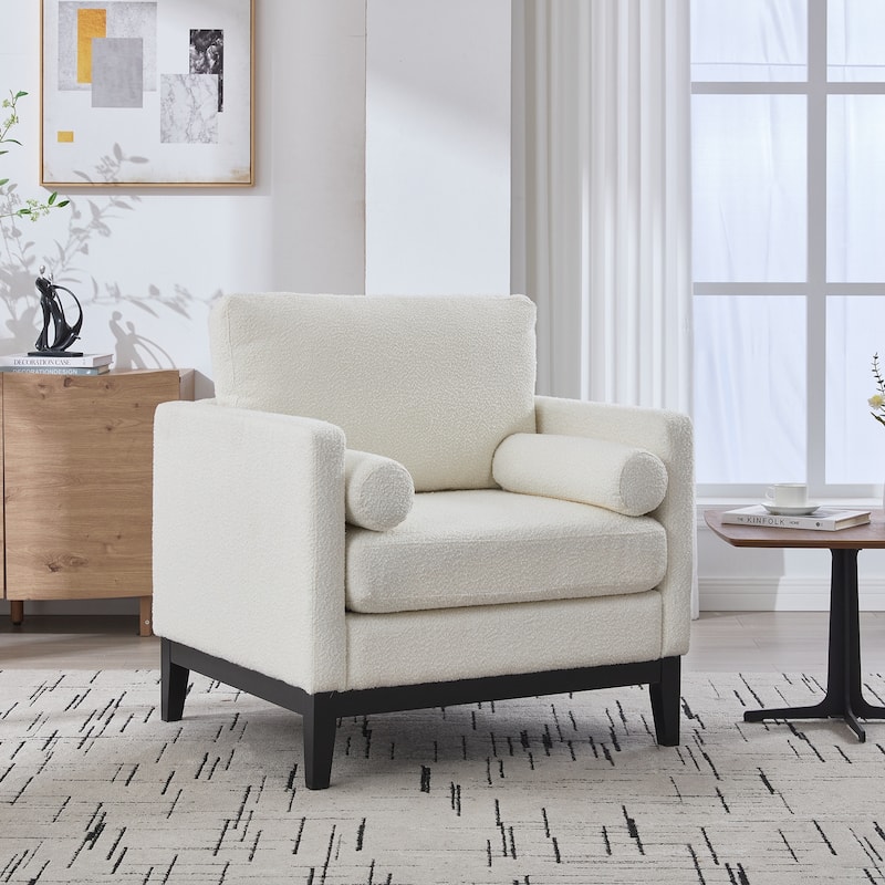 Modern Farmhouse Accent Chair , Wood Base Reading Armchair Single Sofa with Two Bolster Pillows for Living Room