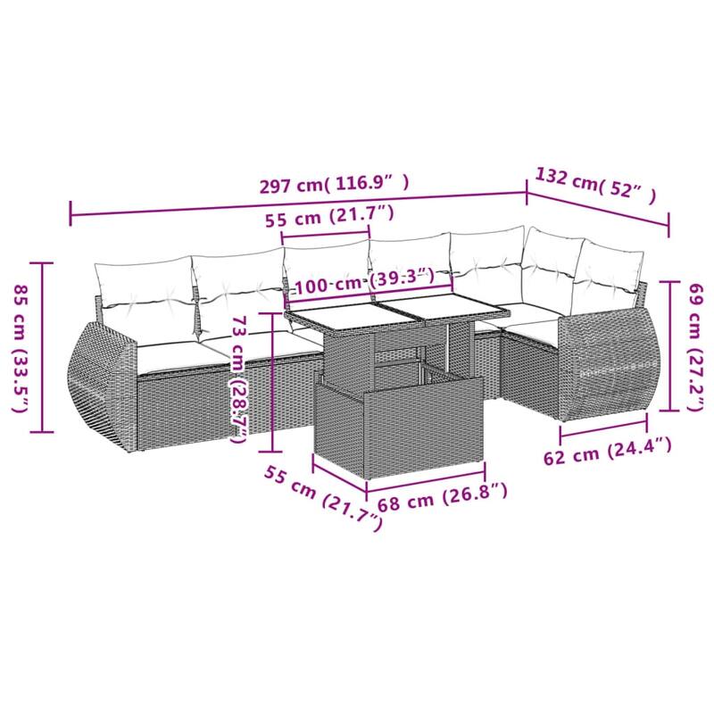 vidaXL Patio Sofa Set with Cushions Outdoor Furniture 7 Piece Poly Rattan - 21.7 x 39.4 x 28.7