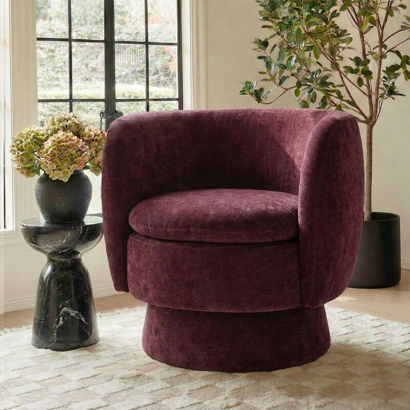 Modern Upholstered Swivel Barrel Accent Chair with Curved Back - Wine Red