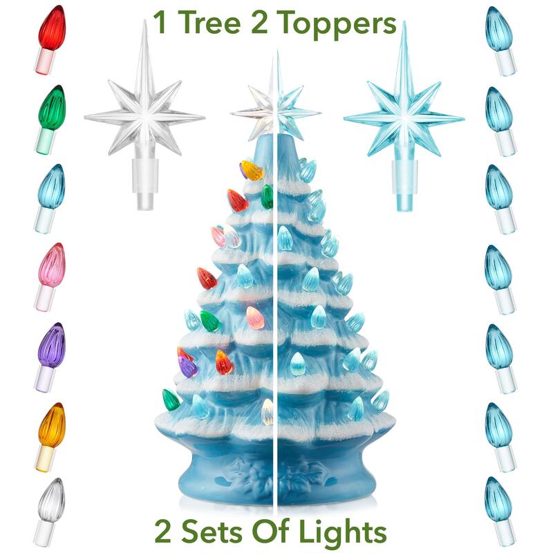 12in Hand Painted Ceramic Christmas Tree PreLit Tree with Star