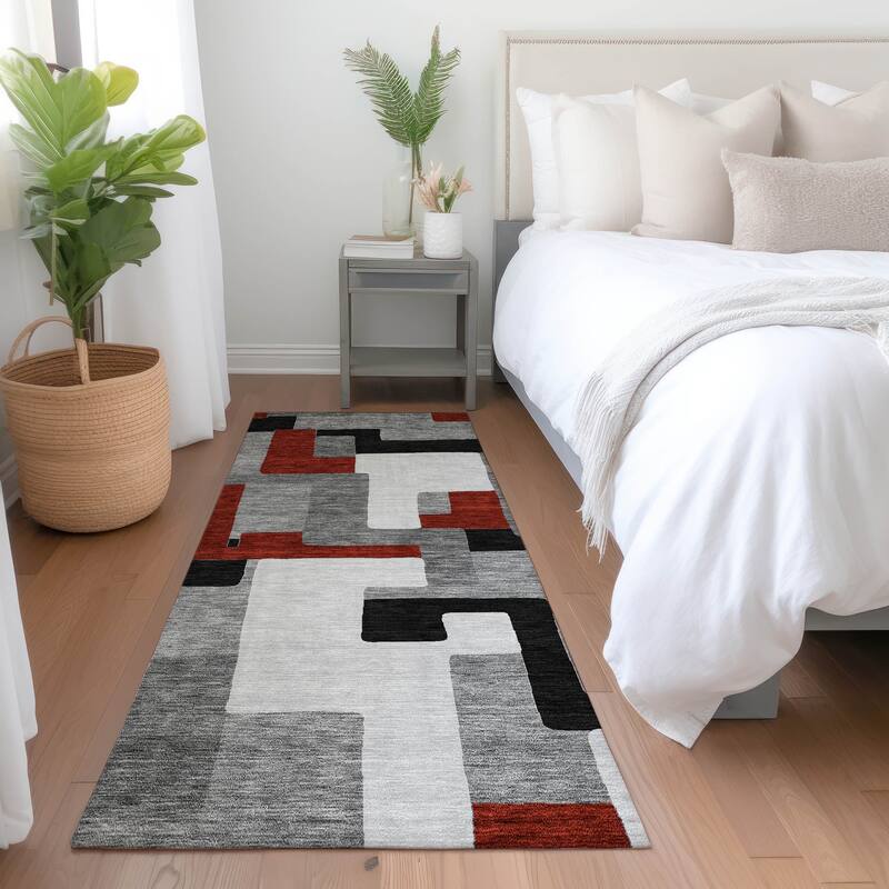 Machine Washable Indoor/ Outdoor Contempoary Blocks Chantille Rug