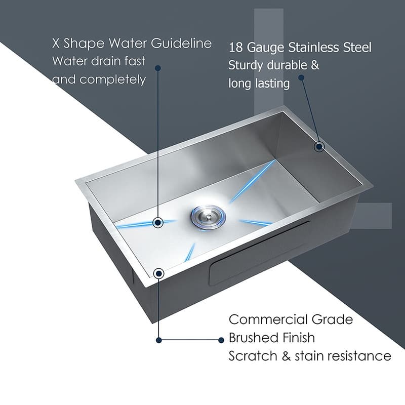 32 Inch Undermount Single Bowl 18 Gauge Stainless Steel Kitchen Sink