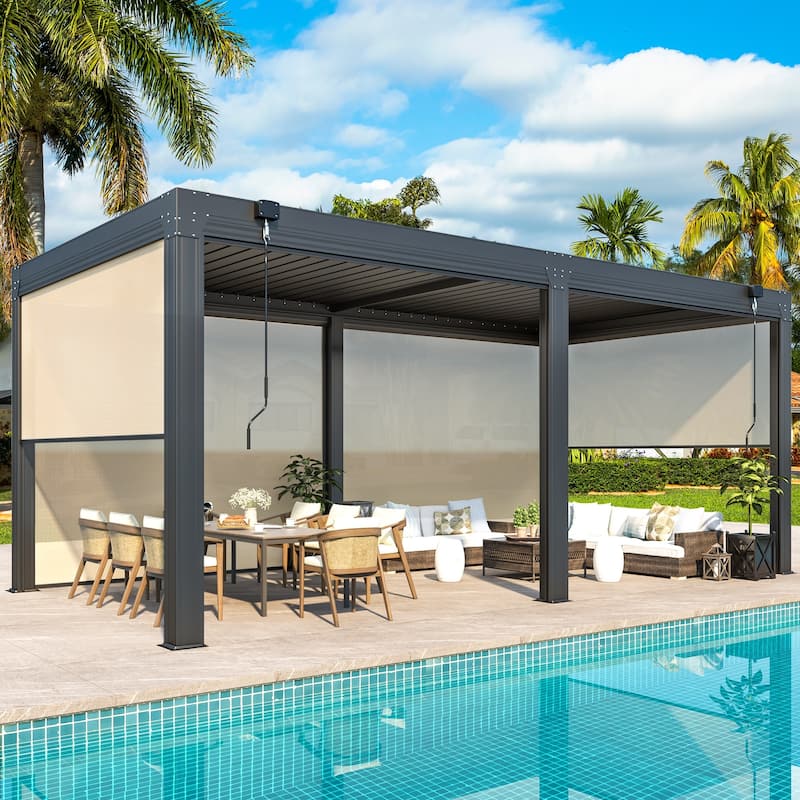 EROMMY Outdoor Louvered Pergola Gazebo with Adjustable Aluminum Rainproof Roof and Pull-Down Screen