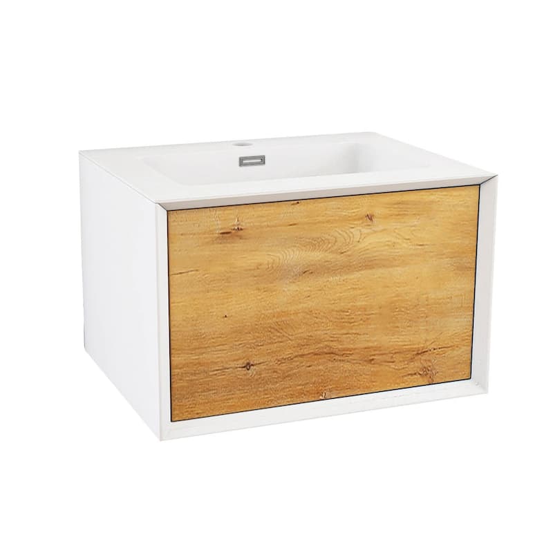 Wall-Mounted 1-drawer Bathroom Vanity Set in White and Oak with Integrated Solid Surface Sink