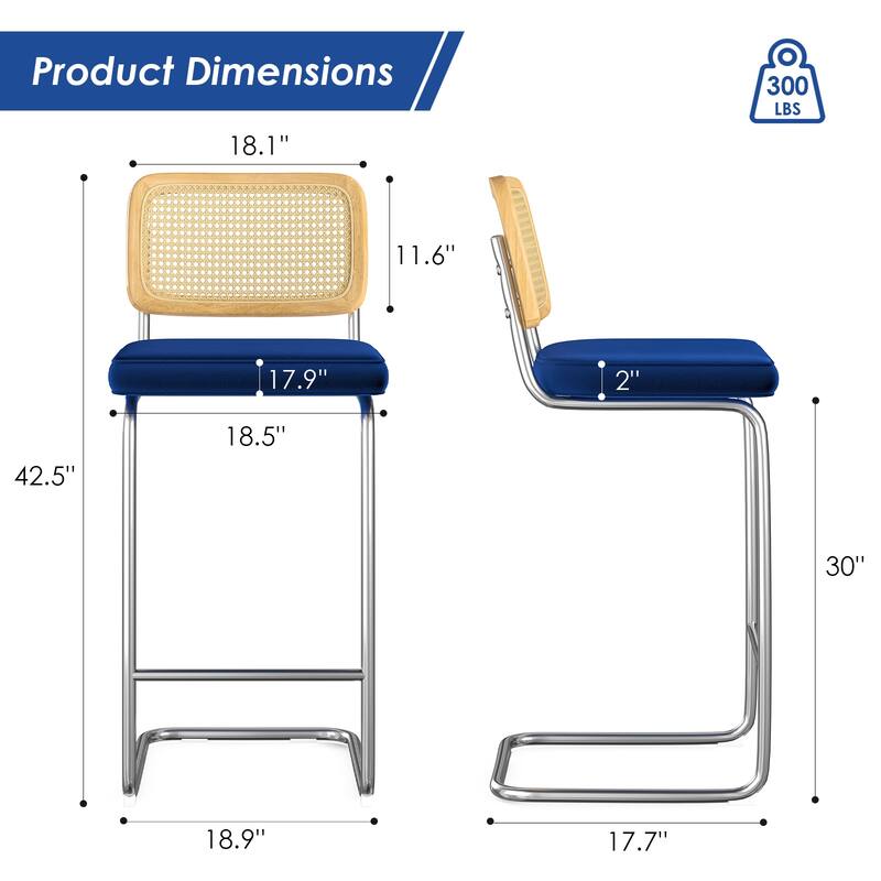 Counter Height Bar Stools Set Of 2, Upholstered Barstools With Rattan Back,30 Inch Stools Armless Bar Chairs
