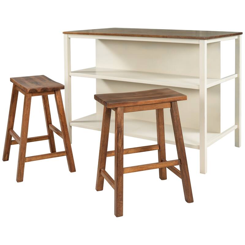 3-Piece Counter Height Dining Table Set, 45" Rubberwood Butcher Block Prep Table with 2 Open Shelves & 2 Stools for Small Spaces