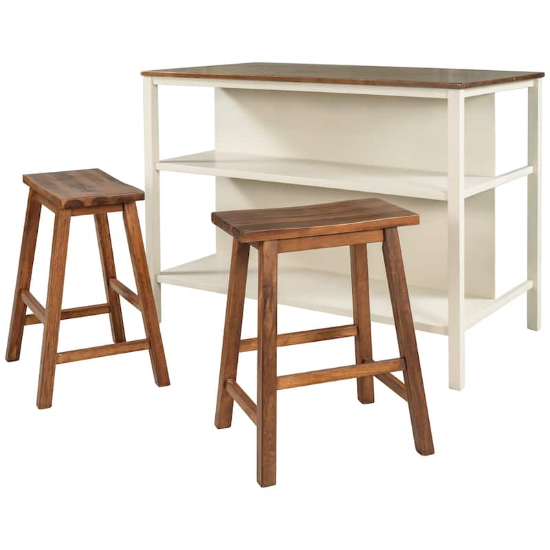 Rubber Wood Top Kitchen Island Set with Seating and Open Shelve, 3pc