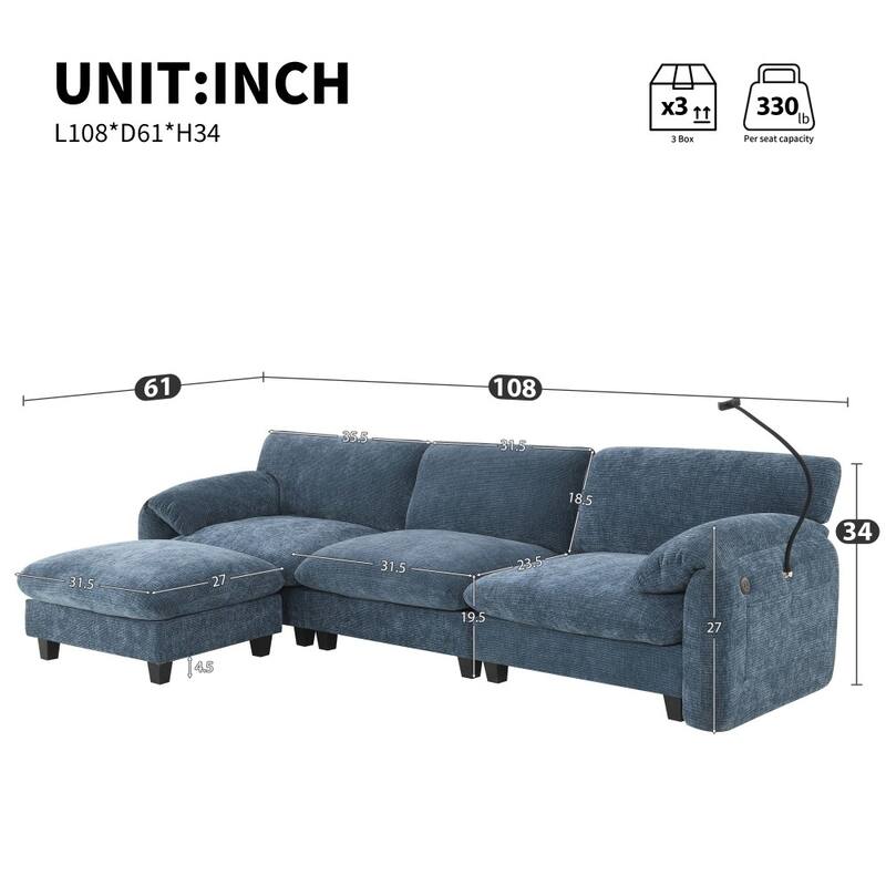 108" Modular Chenille L-shaped Sectional Sofa with 31.5" Extra-wide Seat Cushion, USB and Type-C Charger