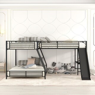 L-Shaped Twin Over Full Metal Bunk Bed with Loft, Desk & Slide