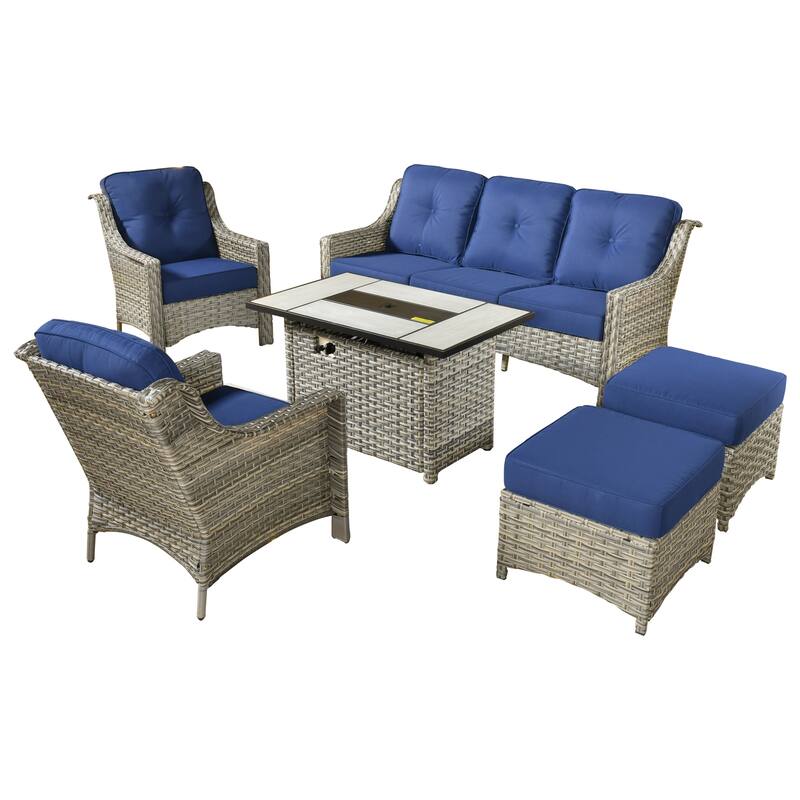 XIZZI 6-piece Rattan Wicker Outdoor Furniture Deep Seat Sofa Set with Fire Pit
