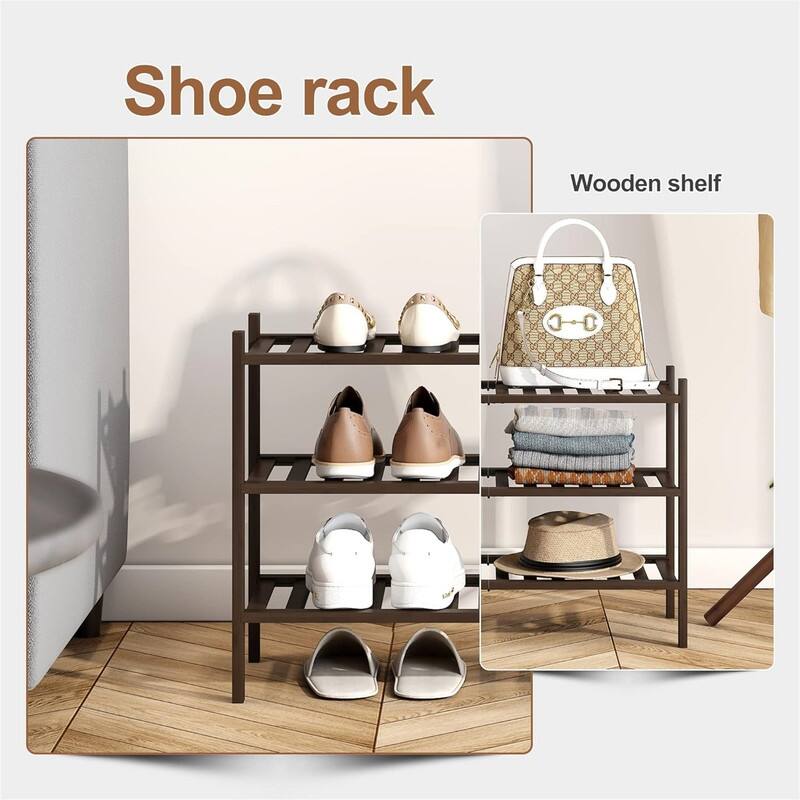 Bamboo Shoe Rack Stackable Shoe Shelf Storage Organizer for Unit Entryway - 11"D x 27"W x 18.3"H
