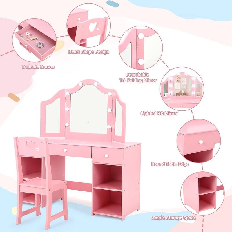 Kids Vanity Set, 2-in-1 Princess Makeup Table with Tri-Folding Mirror & Drawer