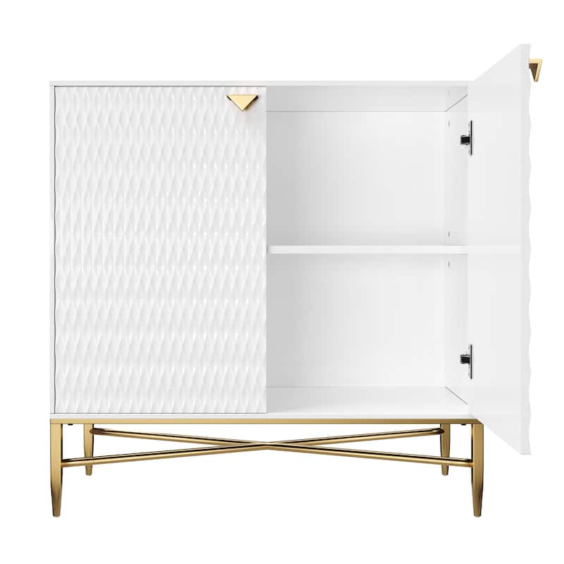 Accent Cabinet with Raised Diamond Pattern, Storage Cabinet with Brass X-Tapered Legs, Buffet with Adjustable Shelves
