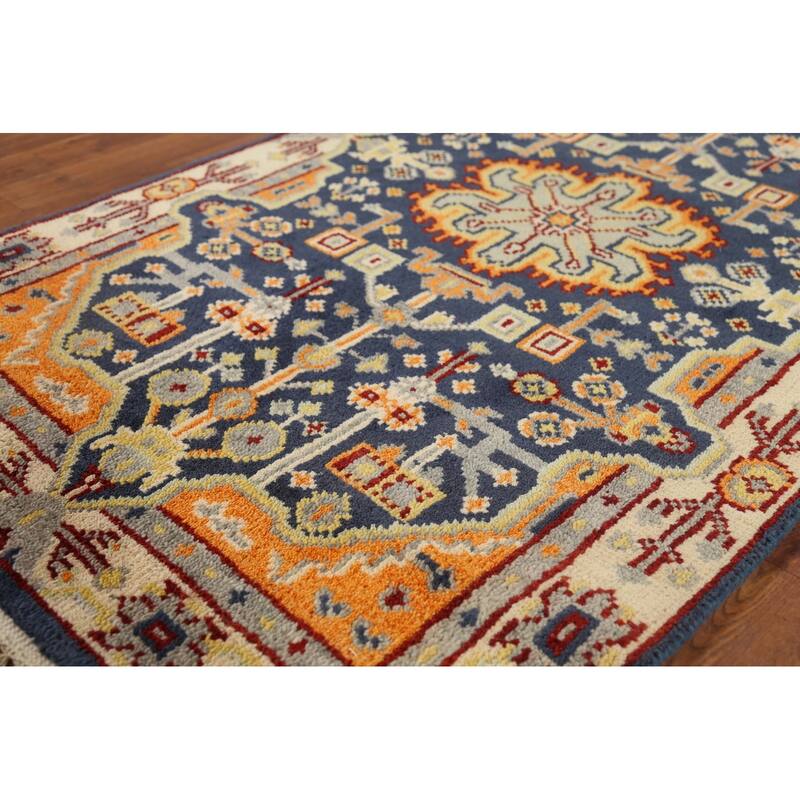 Blue Geometric Kazak Indian Accent Rug Handmade Wool Carpet - 2'11"x 5'0"