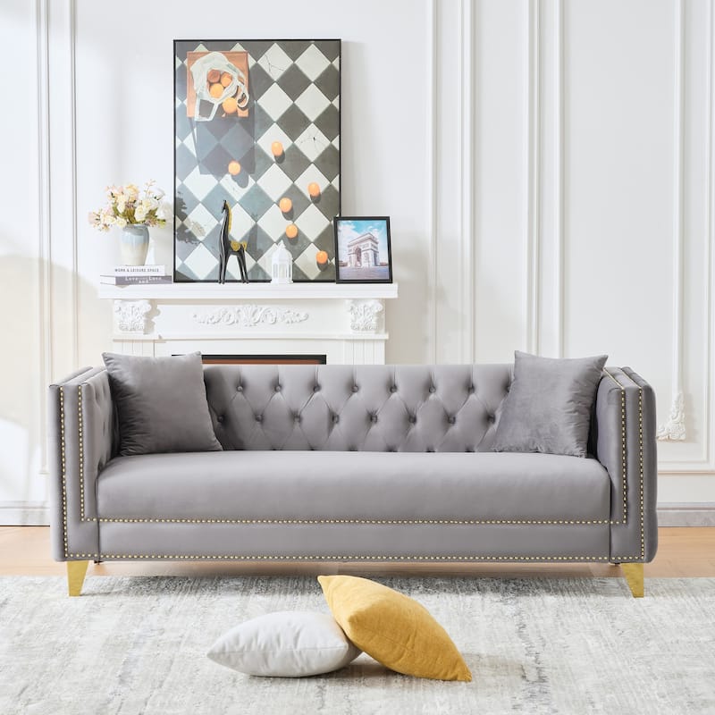 Roomfitters 80" and 58" Modern Tuxedo Sofa and Loveseat Set, Buttoned Back Couch with Gold Legs and Nailhead Trim