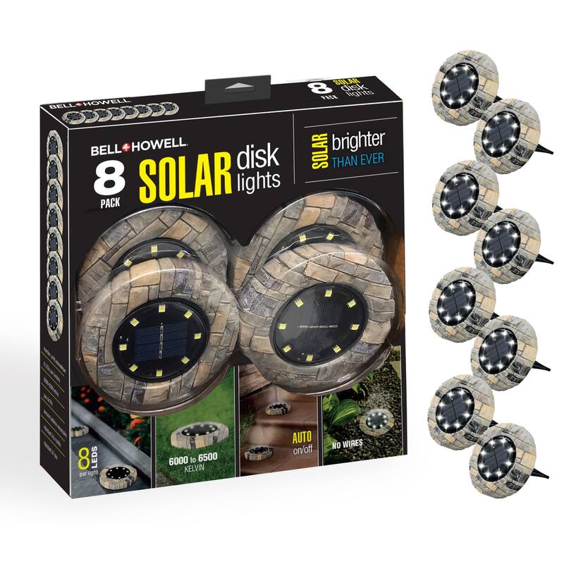 Bell + Howell 8 LED Round Stone Solar Powered Disk Lights - 8 Pack - Brown
