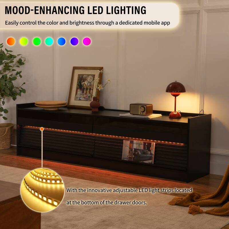 Anmytek Modern TV Stand 4 Drawers Tempered Glass Charging Ports LED Lighting Living Room Media Console