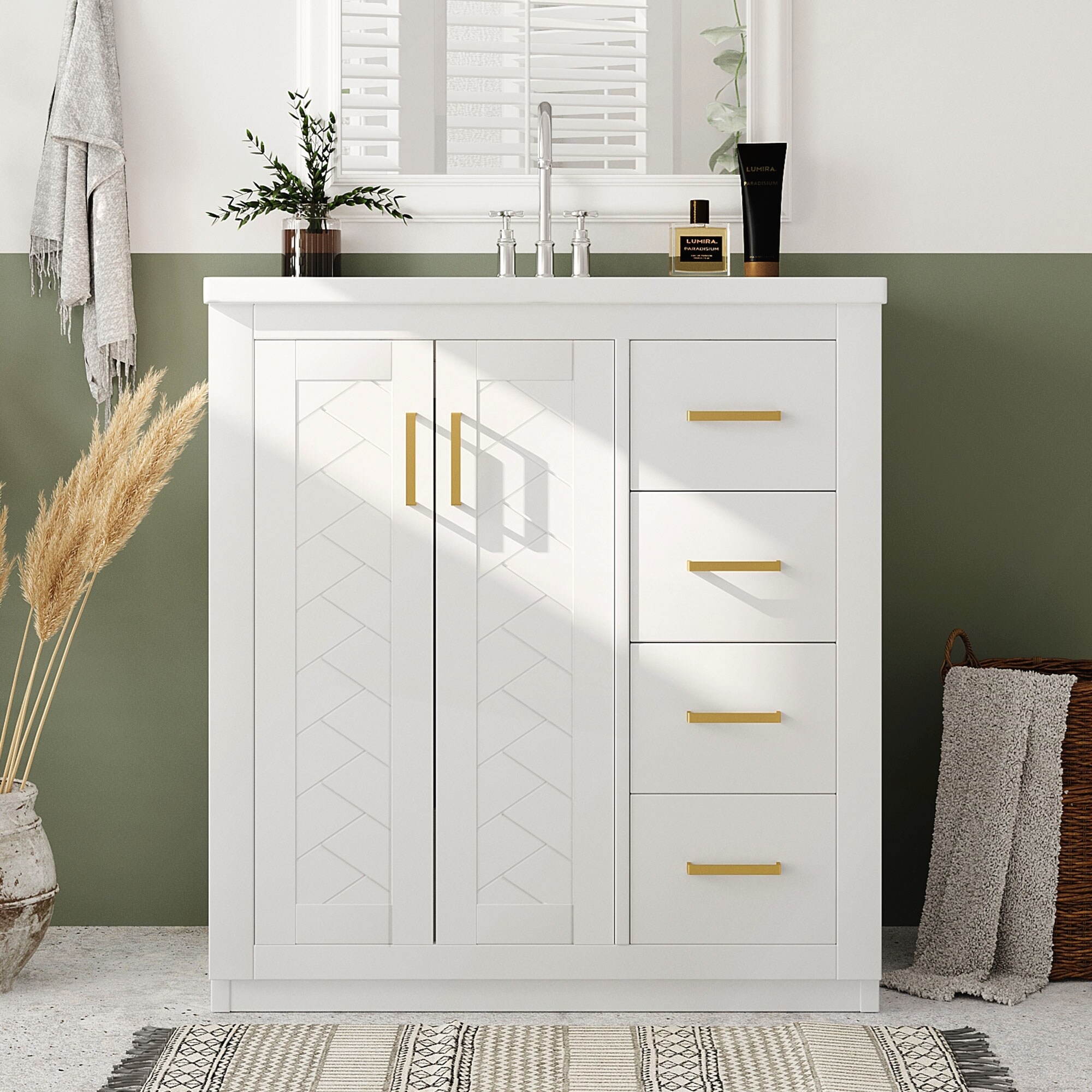Bathroom Vanity with Ceramic Sink, Solid Wood Frame, 3 Drawers and Soft Closing Doors for Ample Storage