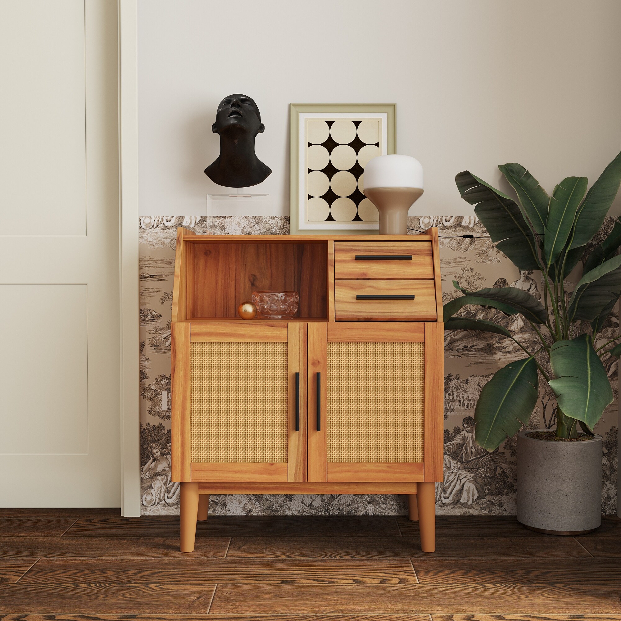 Farmhouse Rattan Accent Storage Cabinet with 2 Rattan Doors 2